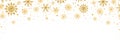 Golden snowflakes frame with different ornaments. Gold snowflakes falling on white background. Luxury Christmas garland