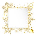 Golden snowflakes frame on white paper background. Place for text. Paper banner with golden Christmas snow. Royalty Free Stock Photo