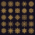 Golden snowflakes. Winter frosted snowflake, gold ice snow xmas stars, cold falling snowflake crystals isolated vector