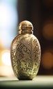 A golden snuff bottle sitting on a table, AI