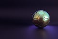 Golden soccer ball on dark background, 3d rendering, sports background, soccer competition, world cup, Football championship light