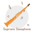 Golden soprano saxophone clipart cartoon style. Soprano brass musical instrument flat vector illustration. Wind instrument soprano
