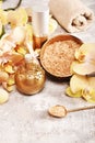 Golden spa concept with orchid, shells, sea salt. Top view. Royalty Free Stock Photo