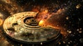 Golden Spacecraft Exploding in a Cosmic Nebula Royalty Free Stock Photo