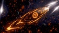 Golden spacecraft navigating through a dense asteroid field in a vibrant cosmic space. Bright lights and celestial Royalty Free Stock Photo