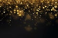 Golden sparkle Bokeh of Light on black background. Falling golden glitter. Banner, poster, greeting card, postcard with Royalty Free Stock Photo