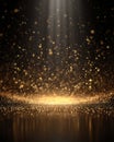 Golden sparkling dust illuminated by soft spotlight on dark atmospheric background Royalty Free Stock Photo