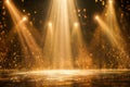 Golden sparkling particles illuminated by multiple beams of light creating a magical glowing stage effect with bokeh background Royalty Free Stock Photo