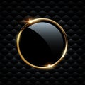 Golden sparkling ring with glass circle isolated on black luxury background. Vector golden frame. Royalty Free Stock Photo