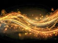 Golden sparkling wave with flowing light trails and glowing particles creating a magical abstract background effect on a dark Royalty Free Stock Photo