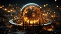 A golden sphere with lights surrounding it in a city, AI