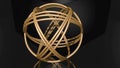 Golden spheric knot composed of golden rings. Object rotating uneven on black background. Mirroring of geometric body on