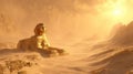 Golden Sphinx in a Sandy Desert Mirage with Distant Pyramids and Sun Royalty Free Stock Photo