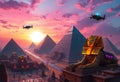 Golden Sphinx Sunset Futuristic Pyramids Cityscape Drone Ships