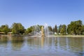 Golden Spike fountain on Kamensky pond in VDNH park. Moscow, Russia