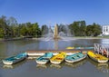 Golden Spike fountain on Kamensky pond in VDNH park. Moscow, Russia