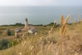 Golden spikelets, grass in a meadow on the background of a lighthouse on the shore of the Azov Sea near the village of Merzhanovo