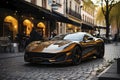 Golden sports super concept car on the street of a European city, street racing on expensive exclusive luxury auto, AI Generated