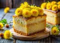 Golden Springtime Delight A Homemade Cake Adorned with Delicate Yellow Coltsfoot Flowers