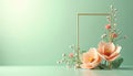 Golden square frame with delicate peach and pink blossoms and buds on soft green background. Empty space for text, copy, or Royalty Free Stock Photo