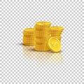 Golden stack of coins with mirror reflection isolated on transparent background. Vector illustration.