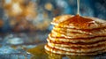 Golden Stack of Pancakes Dripping with Sweet Maple Syrup on a Textured Background