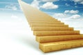 Golden stairs going straight to the sky. The concept of a career ladder, promotion at work, the path to the goal. Mixed medium,