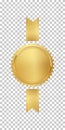 Golden stamp with vertical ribbons isolated on transparent background. Luxury seal. Vector design element.