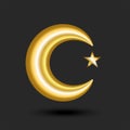 The golden star and crescent 3d clipart with shadows isolated on black background, is a iconographic symbol of Islam