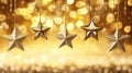 Golden star decorations with glittering lights in festive holiday setting Royalty Free Stock Photo