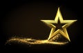 Golden star. Realistic metal figure with glowing gold dust tail. Shining stardust. Glittering particles wave and