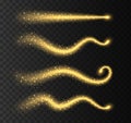 Golden stardust trails collection isolated on transparent background. Magic swirls with sparkles, yellow shiny stars. Royalty Free Stock Photo