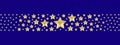 Golden stars border on blue background isolated, frame made of shiny gold stars, starry seamless pattern, Christmas greeting card Royalty Free Stock Photo