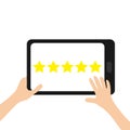 5 Golden stars. Custumer review satisfaction review. Human hand finger put estimate. Tablet PC gadget. Five star rating selection