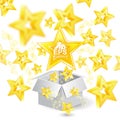 Golden stars with depth of field effect flying from open gift box