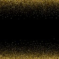 golden stars, glittering confetti. Scattered small sparkling, shiny balls, circles. Random stellar drop on a black background.