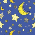 Hand drawn yellow stars with moons on the bright blue background. Seamless pattern. Vector illustration of night sky Royalty Free Stock Photo