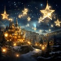 Golden stars in the sky, in the background castles of houses, snowy pine trees. The Christmas star as a symbol of the birth of the Royalty Free Stock Photo