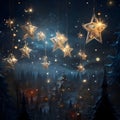 Golden stars in the sky, in the background castles of houses, snowy pine trees. The Christmas star as a symbol of the birth of the Royalty Free Stock Photo