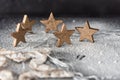 Christmas time - golden stars in the snow, in the background of a dark night