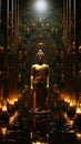 a golden statue of buddha stands in the dark temple generative AI