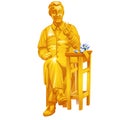Golden statue of a jeweler holding a ring in his hand isolated on white background. Vector cartoon close-up illustration