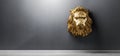 Golden statue of lion, a head sculpture on wall