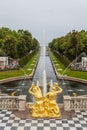 Golden statues and fountains in the garden of Peterhof palace in St Petersburg, Russia