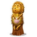 Golden statuette in the form of a hedgehog with a bag sitting on a stump isolated on white background. Vector cartoon Royalty Free Stock Photo