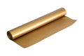 Golden sticker roll isolated on white background. Foil sheet material. Clipping path