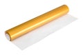 Golden sticker roll isolated on white background. Gift box paper. Clipping path