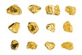 Golden stones set on white background isolated close up, gold nuggets collection, yellow metal rocks samples texture, gold mine Royalty Free Stock Photo