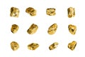 Golden stones set on white background isolated close up, gold nuggets collection, yellow metal rocks samples texture, gold mine Royalty Free Stock Photo