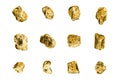 Golden stones set on white background isolated close up, gold nuggets collection, yellow metal rocks samples texture, gold mine Royalty Free Stock Photo